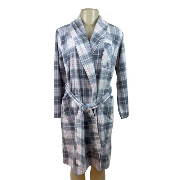 Womens Ralph Lauren Plaid Belted Robe With Pockets Soft Gray & Pink Sz XS - Picture 1 of 10